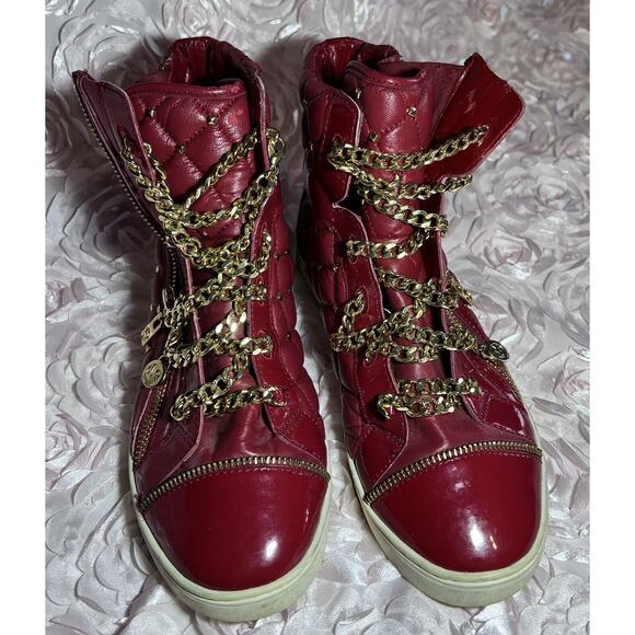 Michael Kors, Patent Red Chain Sneakers, Gold Studs, Size 8M - Picture 1 of 8